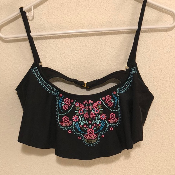 🎉Black Beaded Flowy Spaghetti Strap BikiniTop, XL - Picture 4 of 8